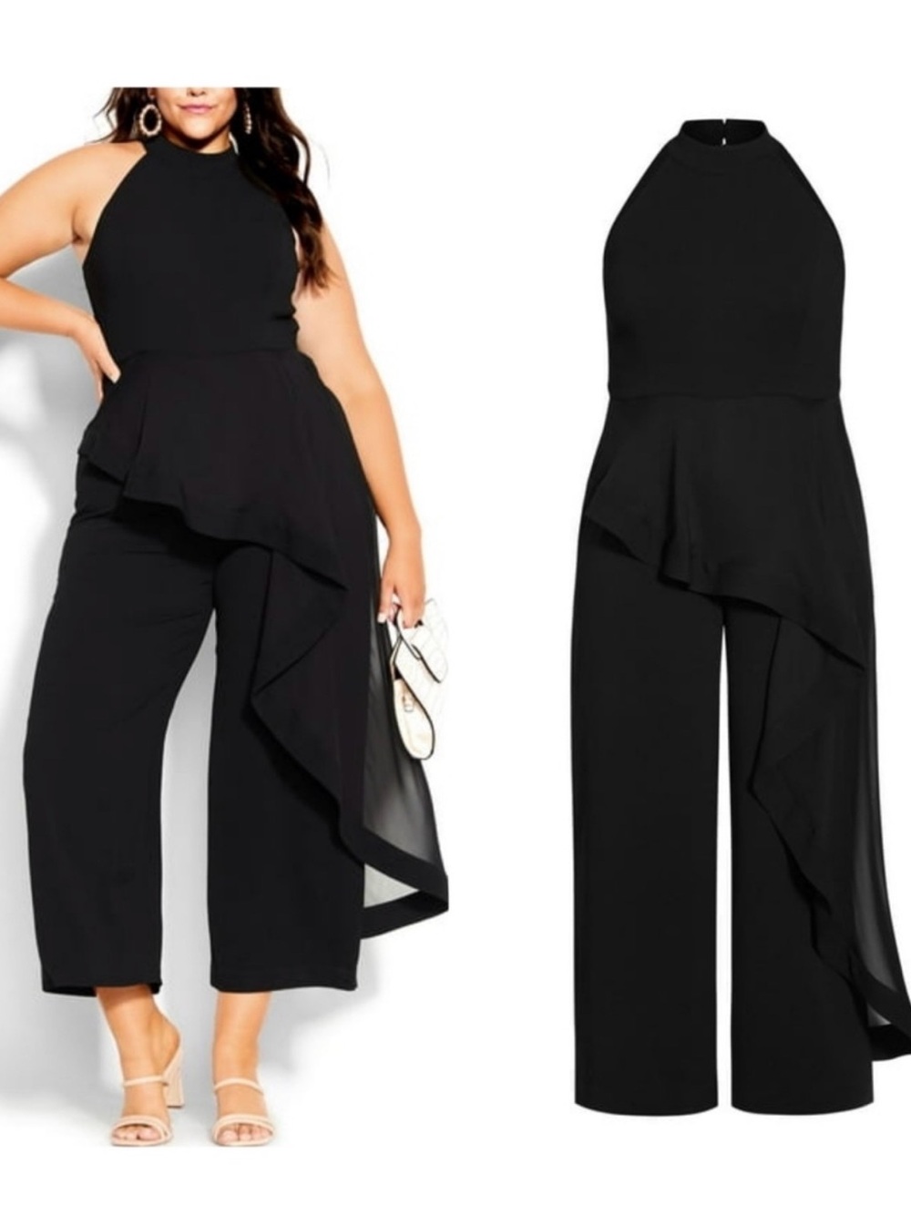 City Chic Black Halter Ruffle Wide-Leg Jumpsuit